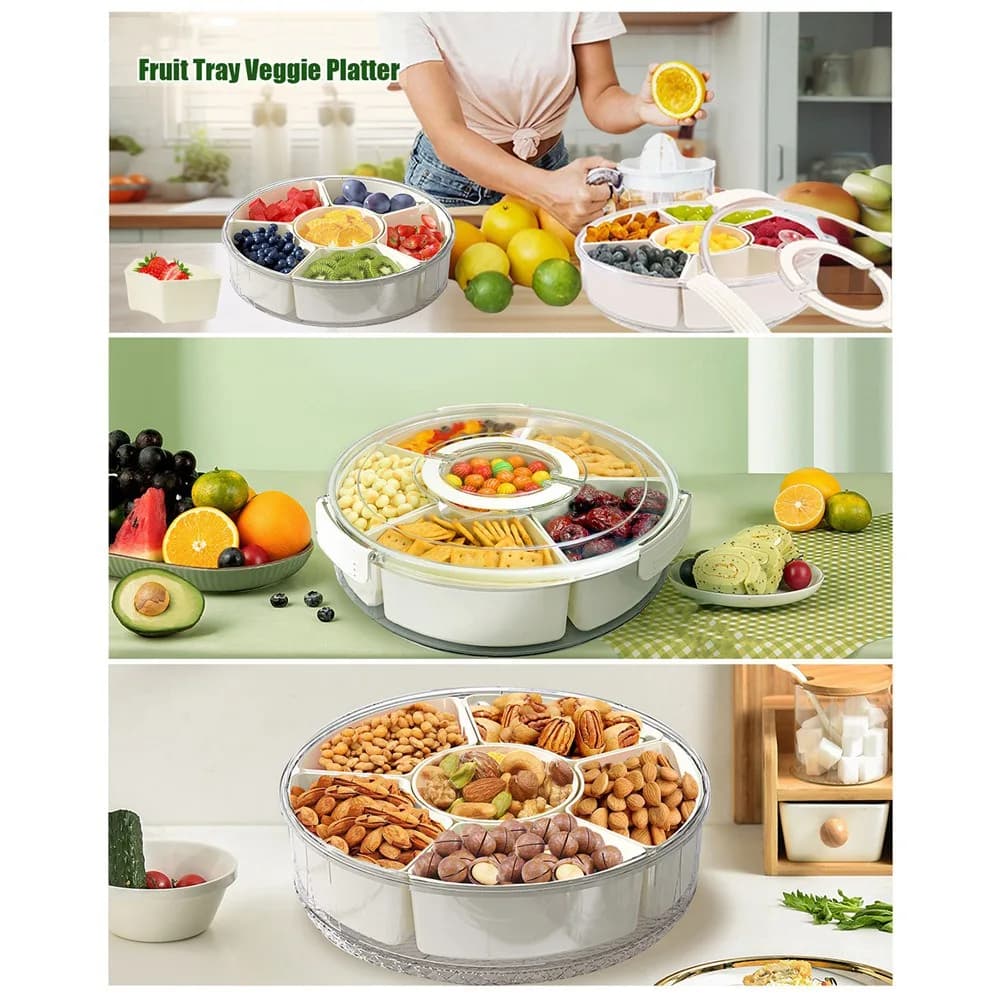 Contenitore per snack rotante a sei griglie con manico Scatola per spezie sigillata da cucina Vassoio per snack trasparente per frutta secca-B51B