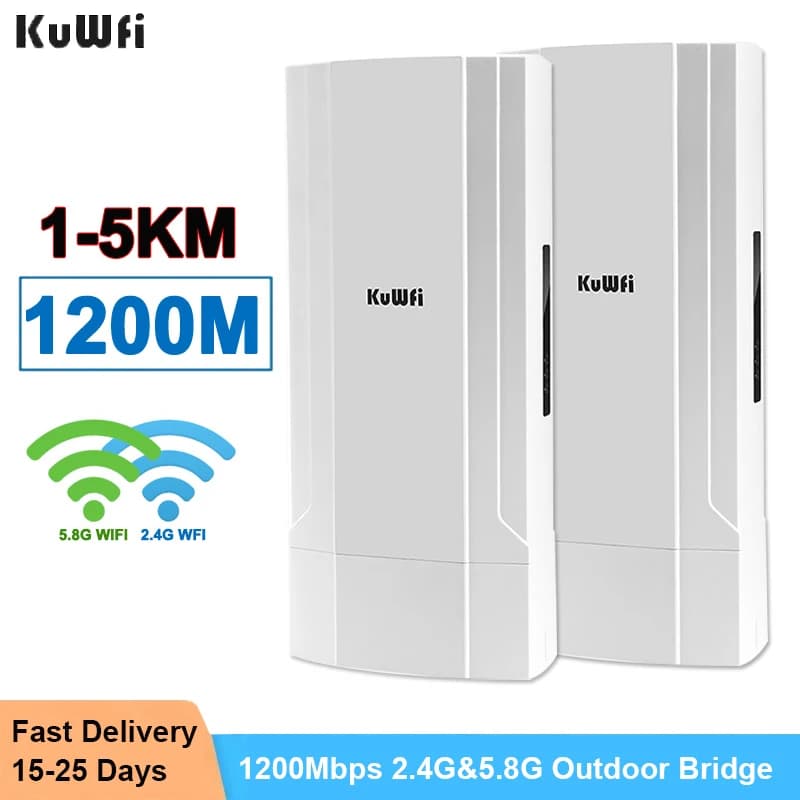 Ripetitore WiFi KuWFi 1200Mbps, 2 Pezzi, Router Wi-Fi Esterno 2.4&5.8G, Bridge Wireless Punto-Punto 5KM, Extender WiFi ad Alta Potenza