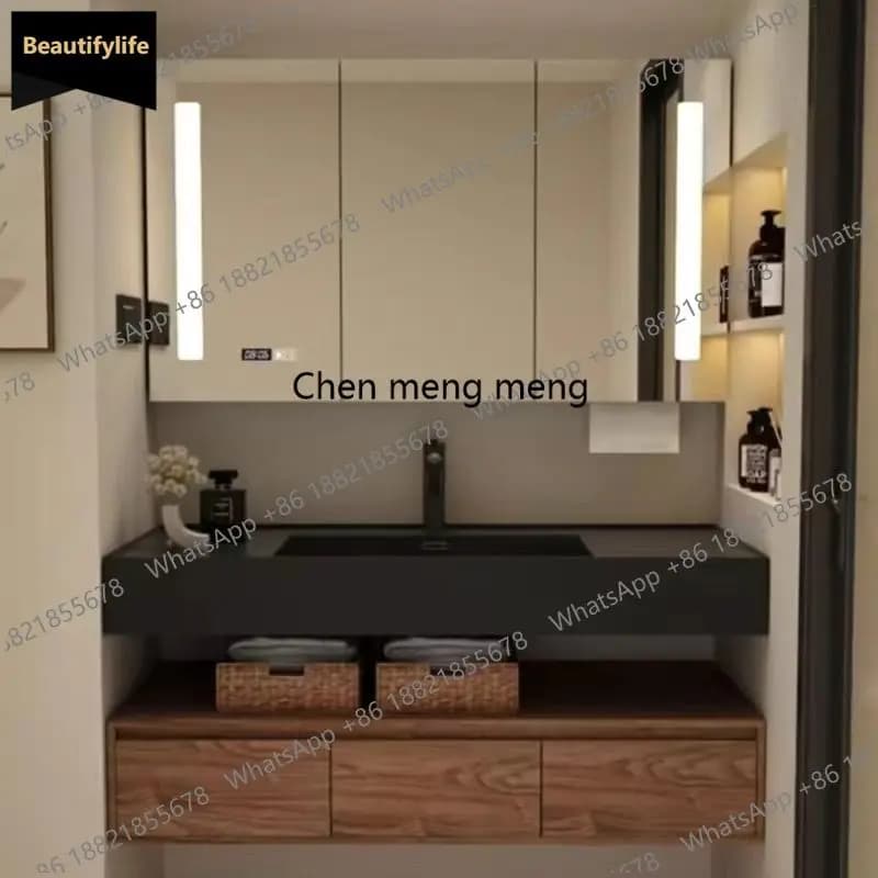 B567 Mobile da bagno Combinazione Lavabo da bagno Lavabo da roccia Integrato Vanity Specchio intelligente Angolo portaoggetti Mobili per la casa in legno