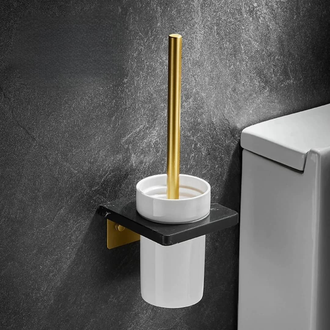 Brushed Gold White Marble Toilet Brush Holder with Brush Wall Mounted Bathroom Toilet Scrub Cleaning Brush Holder Set