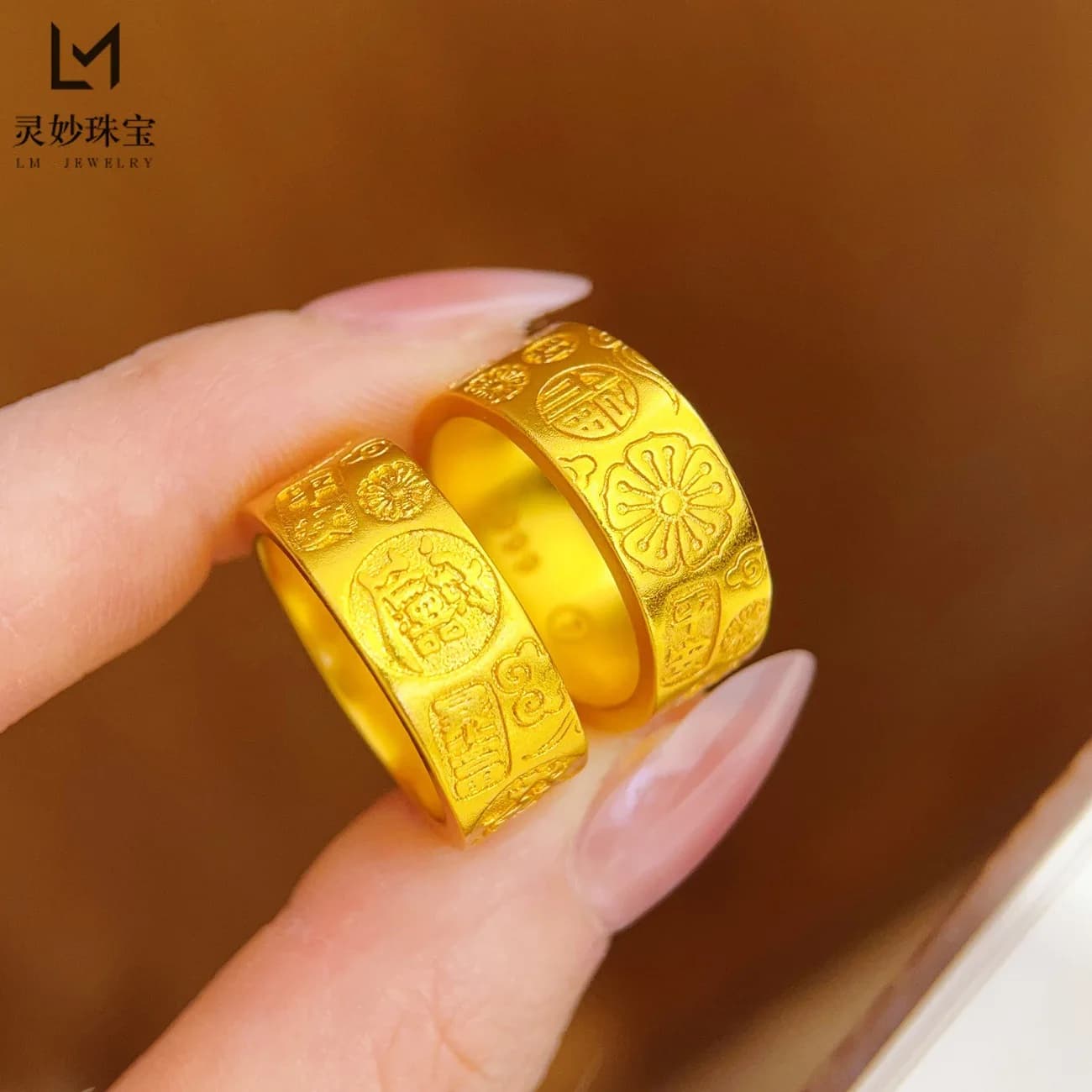 Polished Ancient Craft Wide Band Lucky Motto Eight Treasures Ring For Women 24K Gold AU999, Smooth edge for all-day comfort