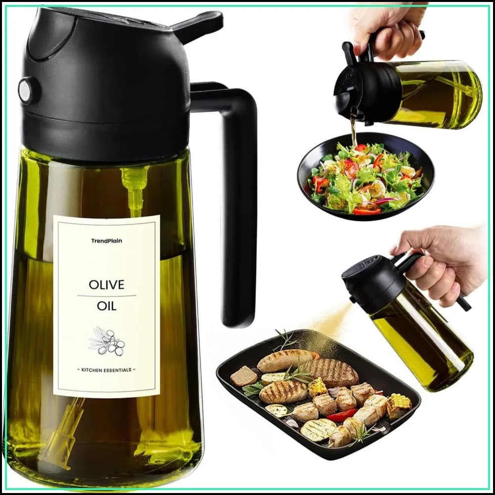 Dispenser Olio d'Oliva da 16oz con Spruzzatore ed Etichette - Nero, Gadget da Cucina per Friggitrice ad Aria e Cucinare
