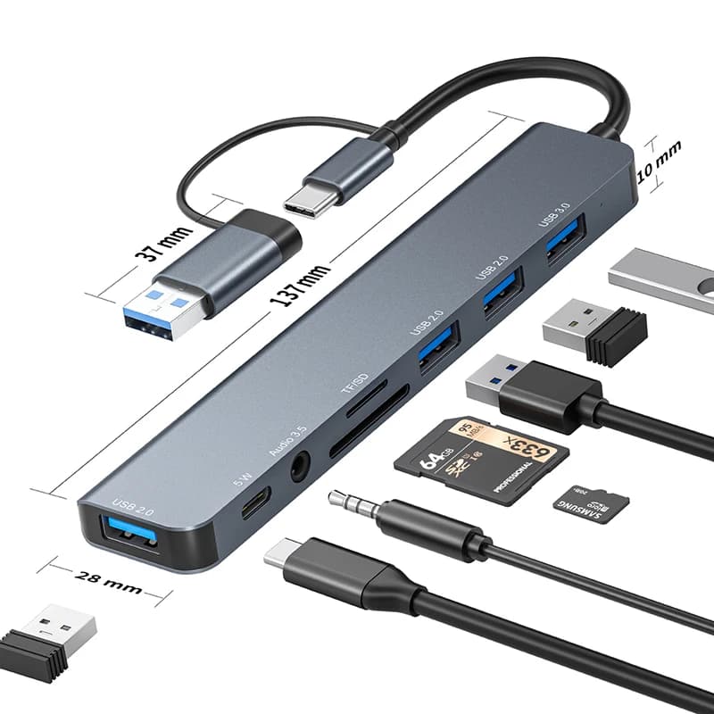 Hub USB A Tipo C, Concentratore, Docking Station, Adattatore Multiplo, Lettore di Schede SD e TF, Audio, Multi-hub, Splitter per MacBook e Laptop