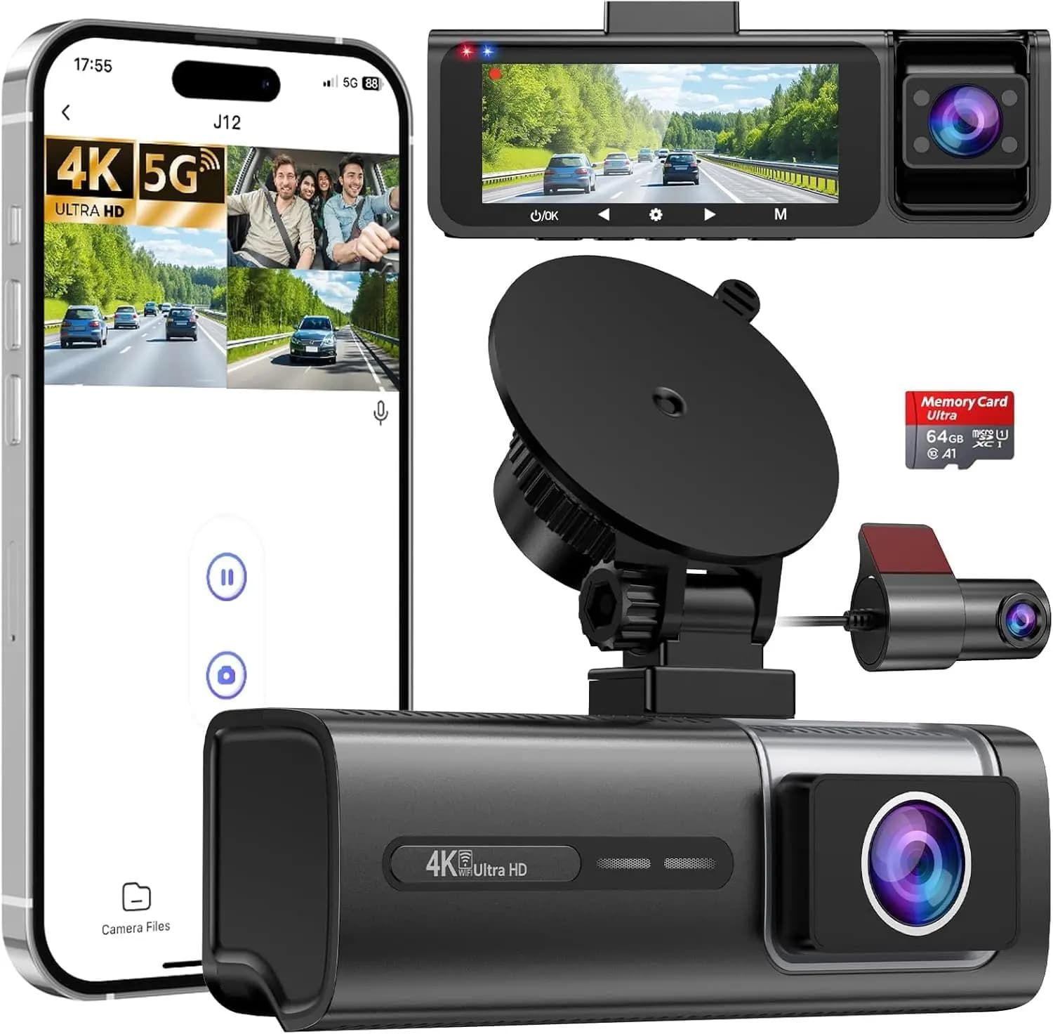 3 Channel 5G WiFi Dash Cam, 4K+1080P+1080P Front and Rear with 64GB Card, HDR Night Vision, G-Sensor, Parking Mode