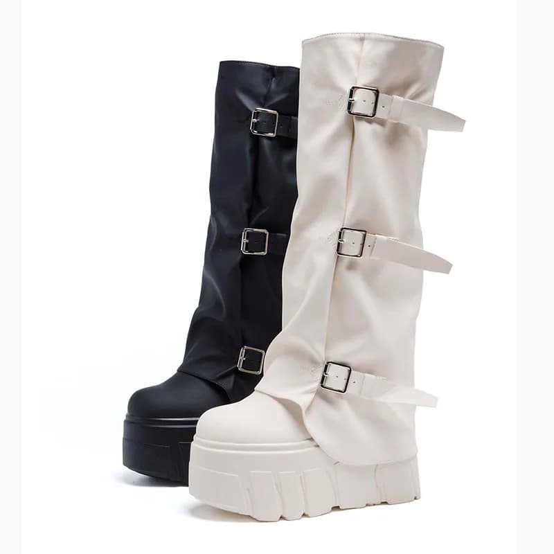 Stivali alti al ginocchio con tacco 14 cm Piattaforma con zeppa Punk Stivaletti da equitazione per moto Scarpe da donna Stivali con fibbia autunno inverno
