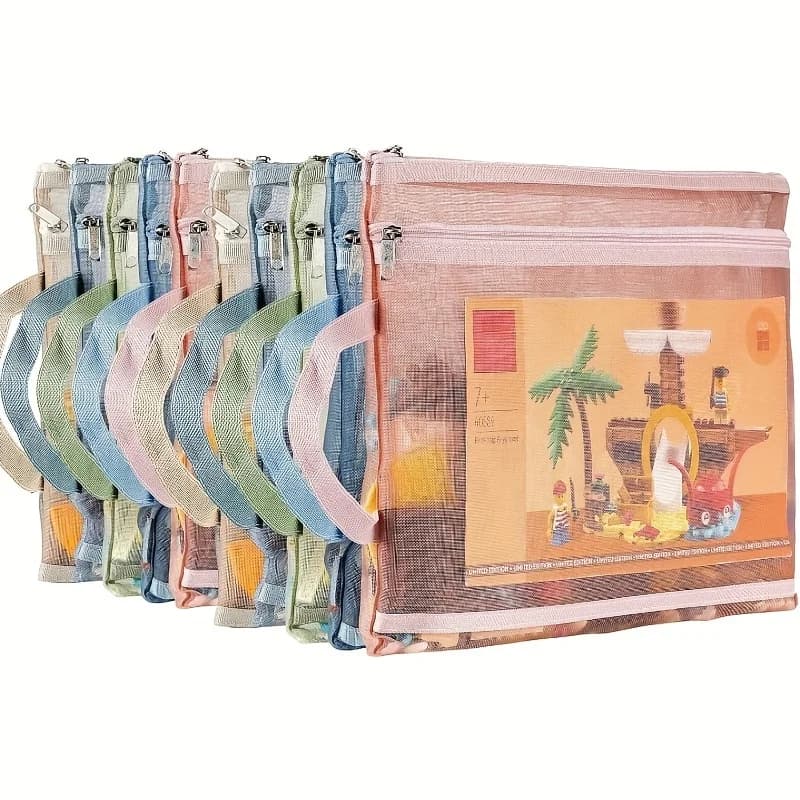 5pcs Colored Mesh Zipper Storage Bag, Double-Layer Nylon Organizer Pouch, For Puzzle Building Block Toy Storage