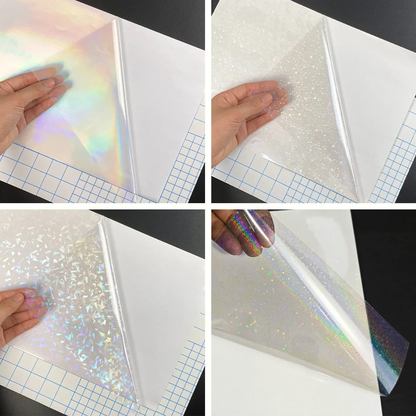 50 fogli formato A4 pellicola di laminazione a freddo olografica adesivo in vinile autoadesivo trasparente 8,3x11,7 pollici impermeabile 4 stili