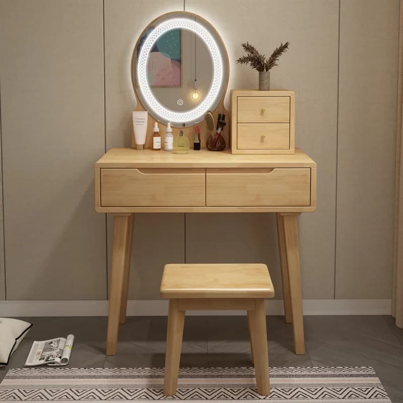 # Tavolo da toeletta multifunzione in legno massello con specchio e lampada, scrivania nordica per camera da letto con vano portaoggetti