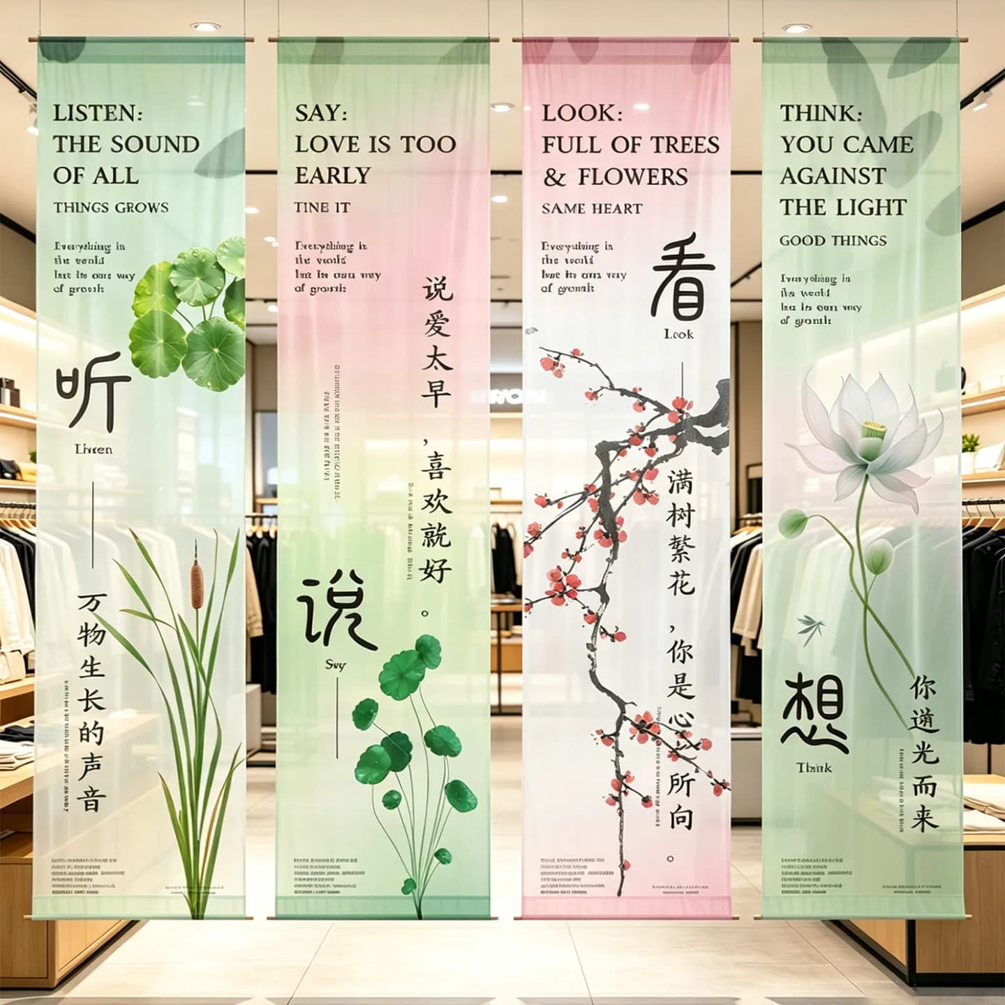 ✨Chinese Calligraphy Voile Hanging Room Divider – Semi Transparent Gauze Curtain for Library, Tea Room, and Healing Space Decor
