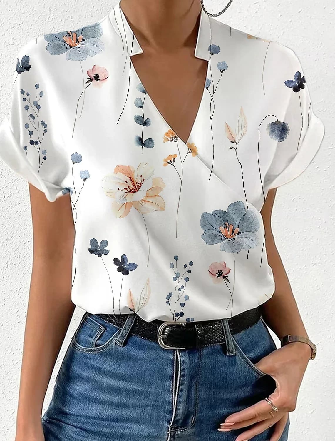 Camicetta elegante Camicie a maniche corte stampate 2024 Camicia a fiori con scollo a V incrociato da donna estiva da ufficio S-XXL