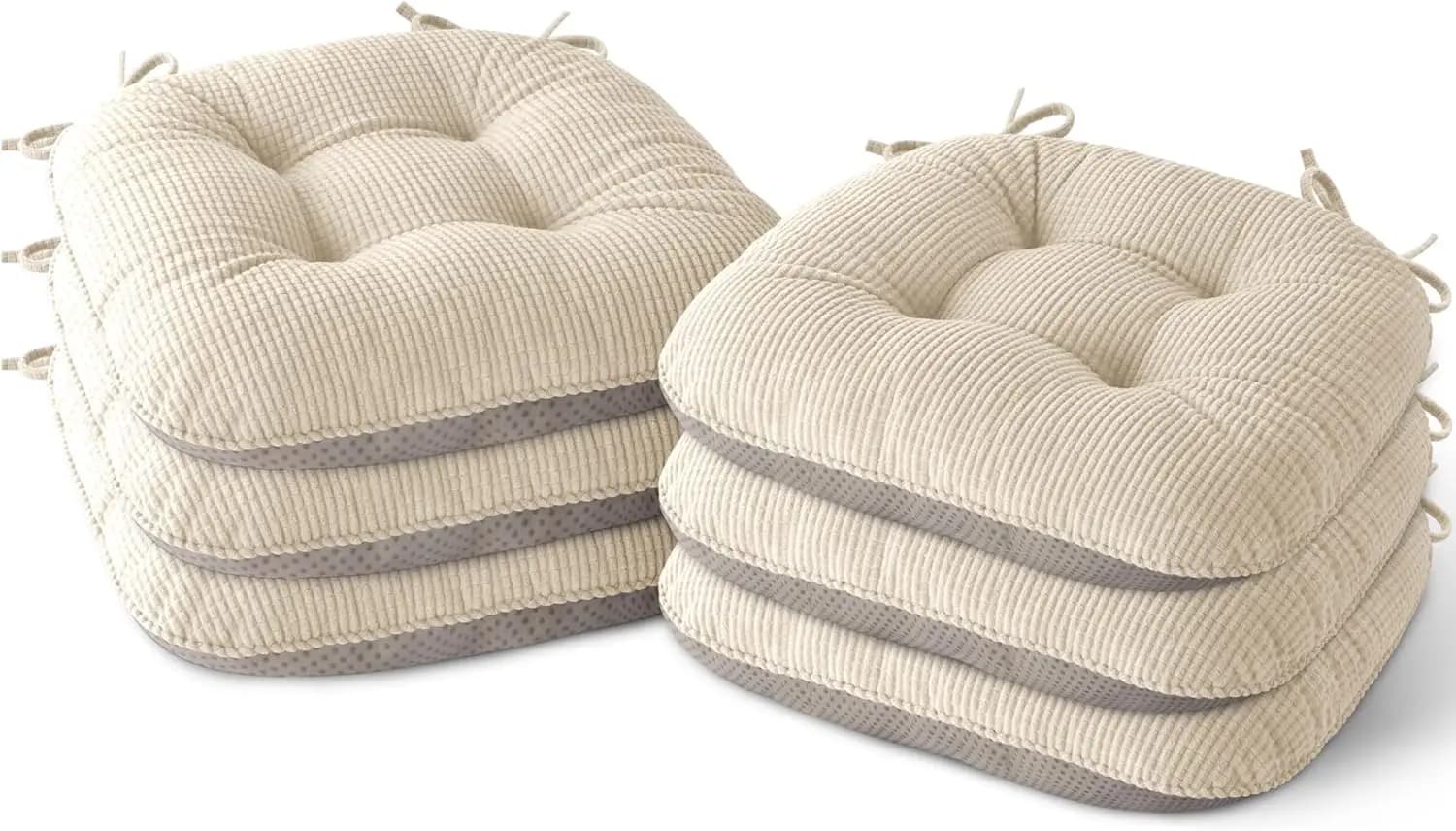 Set di 6 Cuscini per Sedie da Pranzo Imbottiti con Lacci Antiscivolo 17x16x3 Crema