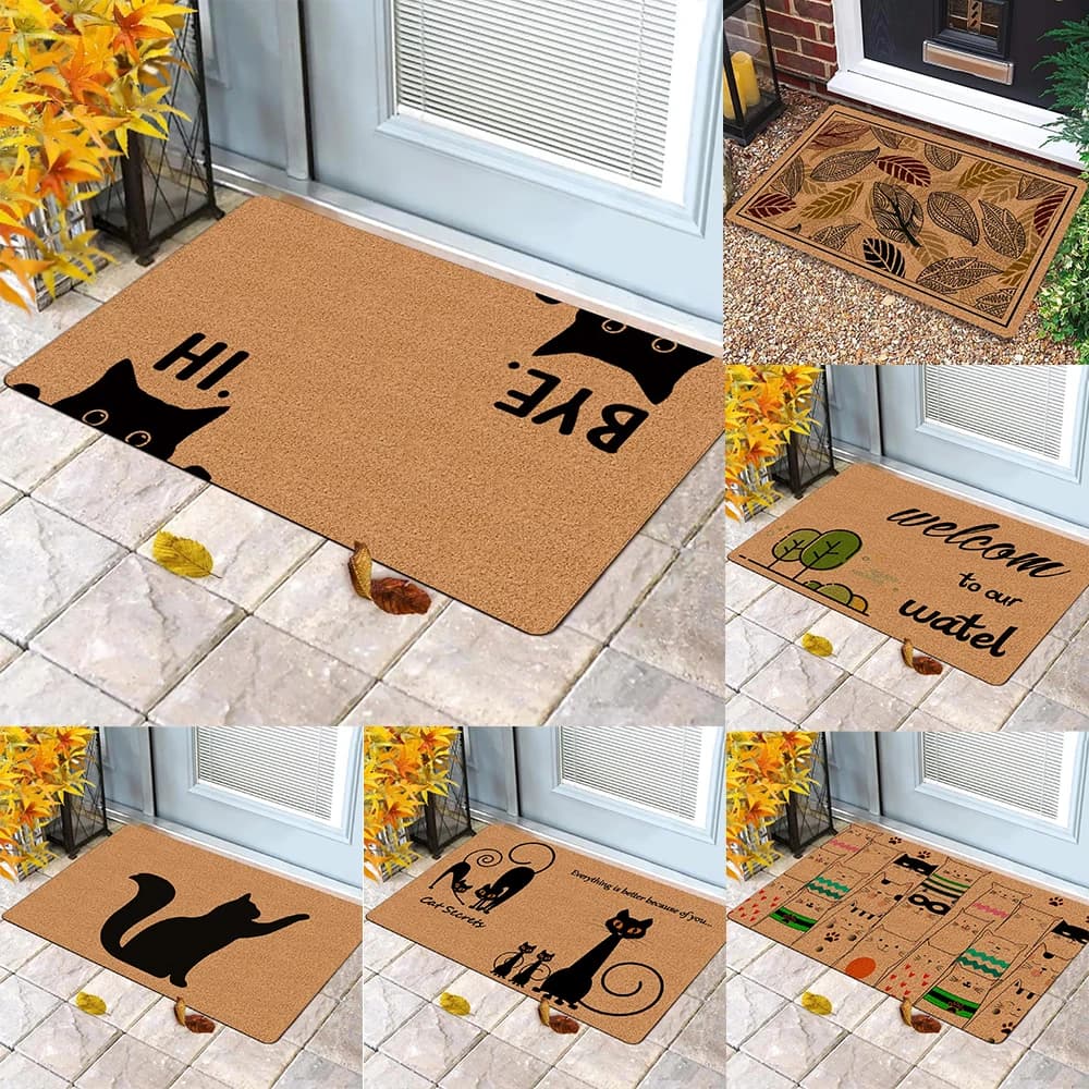 Tappetino per porta a tema simpatico gatto con silhouette di gatto nero, modelli di gatti dei cartoni animati, morbido tappeto decorativo per l'ingresso per regali di decorazioni per la casa
