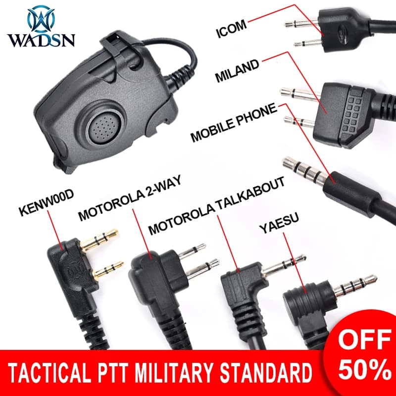 Wadsn Comtact Headset Tactical PTT per BaoFeng Walkie Talkie Motorola Kenwood Icom Midland Radio per Wargame
