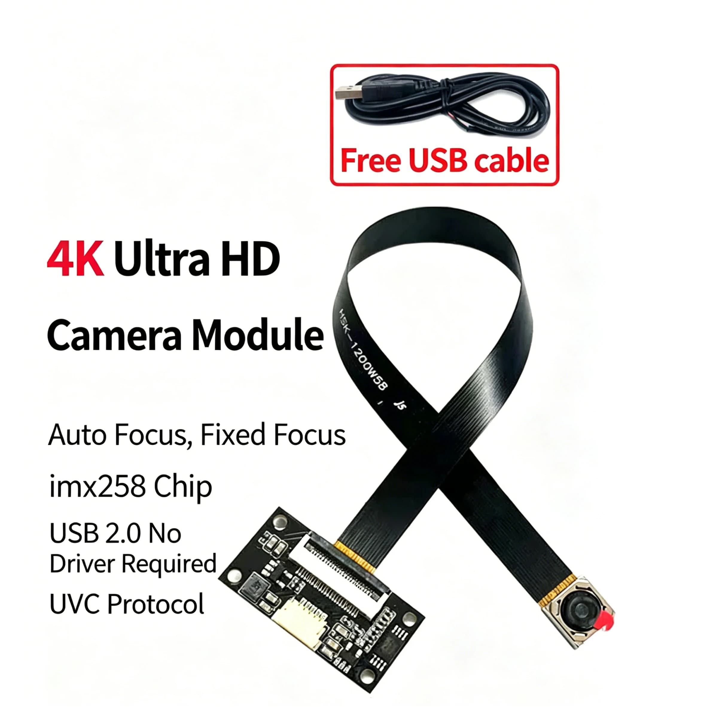 4K HD Camera Module with FPC Cable, IMX258 Sensor, Auto Focus, Face & QR Code Recognition, USB Plug-and-Play