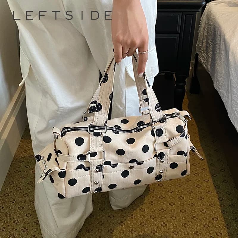 Women Small Polka Dot Canvas Boston Crossbody Shoulder Bags 2026 New Trend Top Handles Casual Travel Gym Daily Shopping Handbags