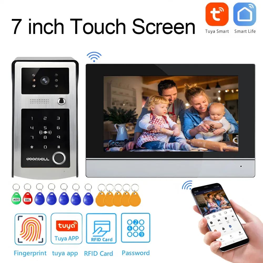 Video intercom Wi-Fi Tuya with 7-inch Touch Screen, Smart Home Video Intercom Kit with HD Camera, Unlock via App, Digital Impronta and Password