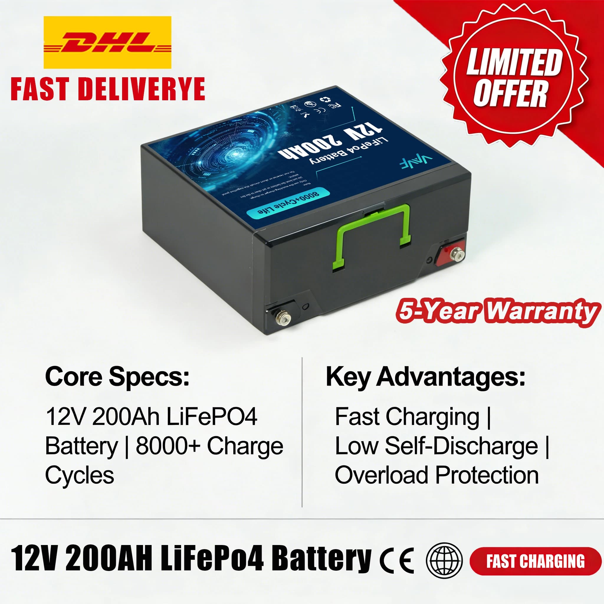 Batteria LiFePO4 💦 Batteria 12V 200Ah con BMS Intelligente Integrato 🌪️ Oltre 8000 Cicli, Adatto per Pannelli Solari, Camper, Imbarcazioni, Overlanding