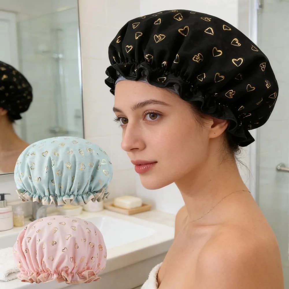 Waterproof Shower Headset with Heart Printing, Double Elastic Sheet, Reusable Cover with Wave Pattern, Bathroom Accessories