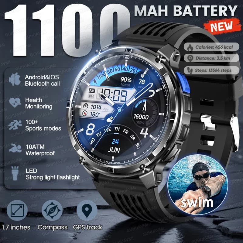 2026 GPS New 1100mAh Battery Smart Bracelet For Adults 10ATM Flashlight Waterproof Call Smart Watch Men Outdoor Sports Swim Watches