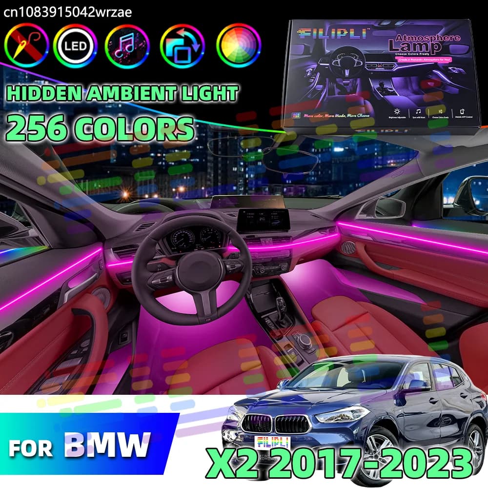 Kit Luci Ambientali LED per BMW X2 F39, Illuminazione Atmosferica Colorata, Striscia Neon per Interni Auto, 64 RGB con Gradiente Luminoso, Kit Decorativo