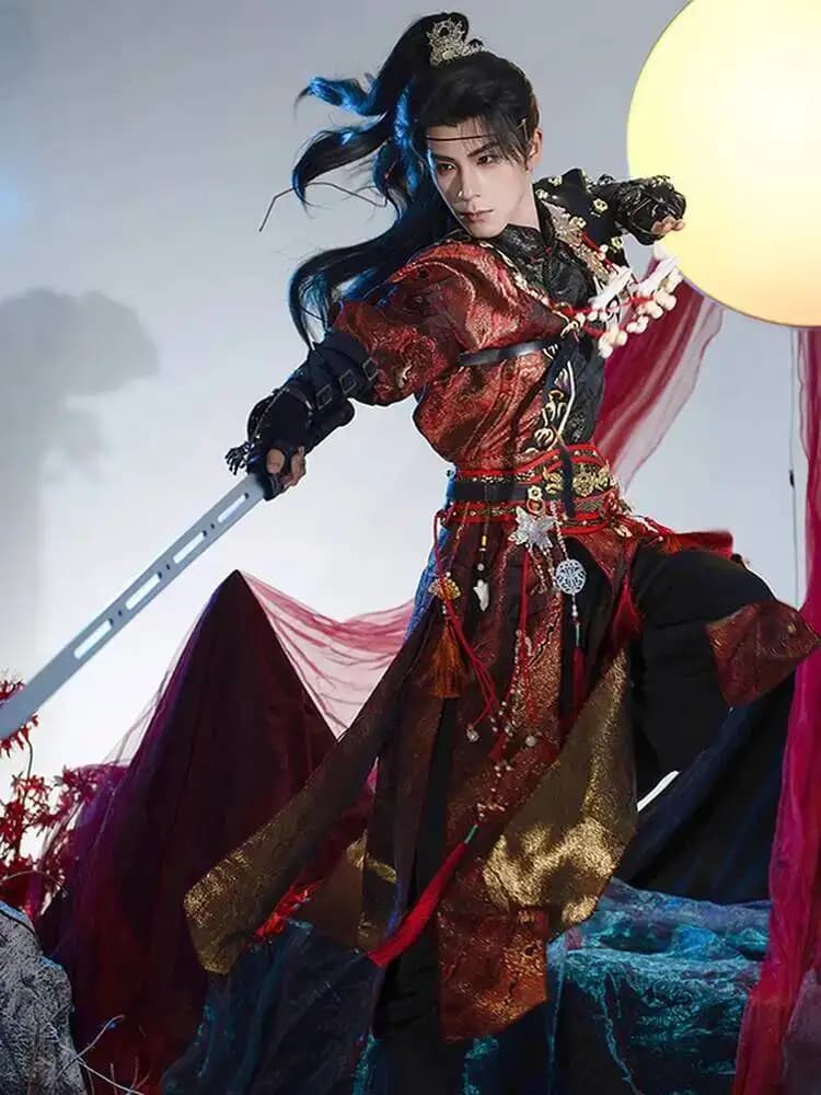 Red Flame Hanfu, stile di arti marziali, stile antico, adatto sia per uomini che per donne, inverno, abbigliamento a coda di pesce
