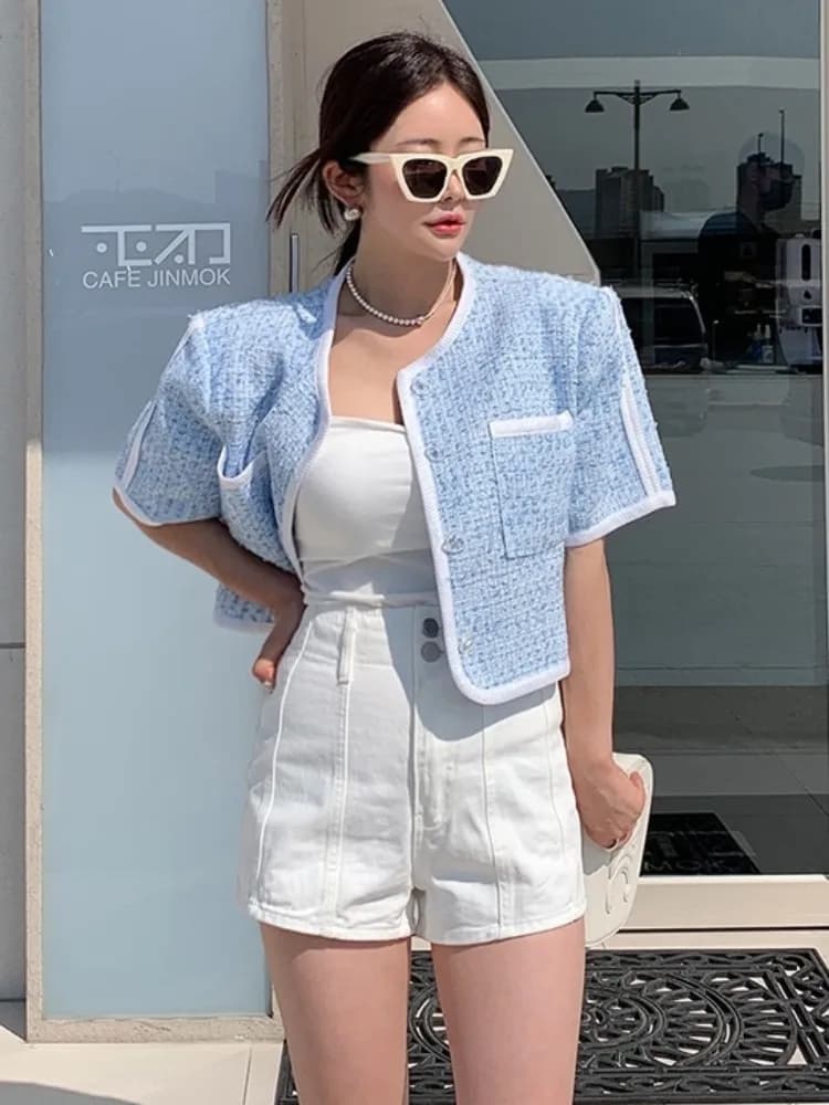 Blue Short Thin Suit Jacket Korean Style Spring Autumn Winter Women's Fashion Outerwear Casual Versatile Versatile Top
