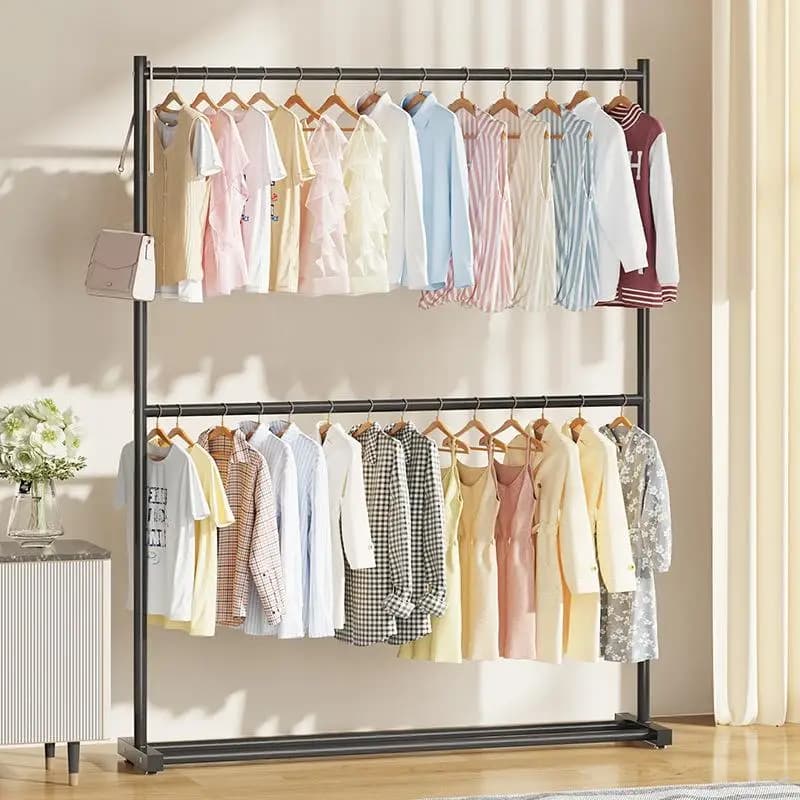 Double Layer Clothes Hanger Floor Mounted Bedroom Space Saving Simple Design Clothes Drying Rack Non-Occupying Storage Organizer