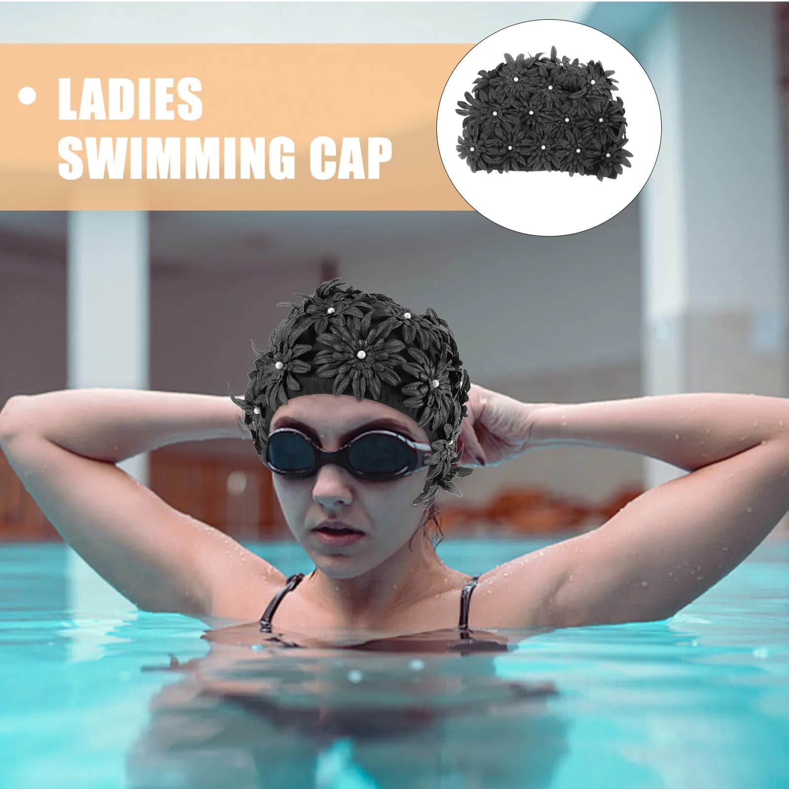 Flower Waterproof Swim Cap Brocade Material Ladies Swimming Hat Elastic Hair Protection Swim Cap for Women Shower Bath Pool Use