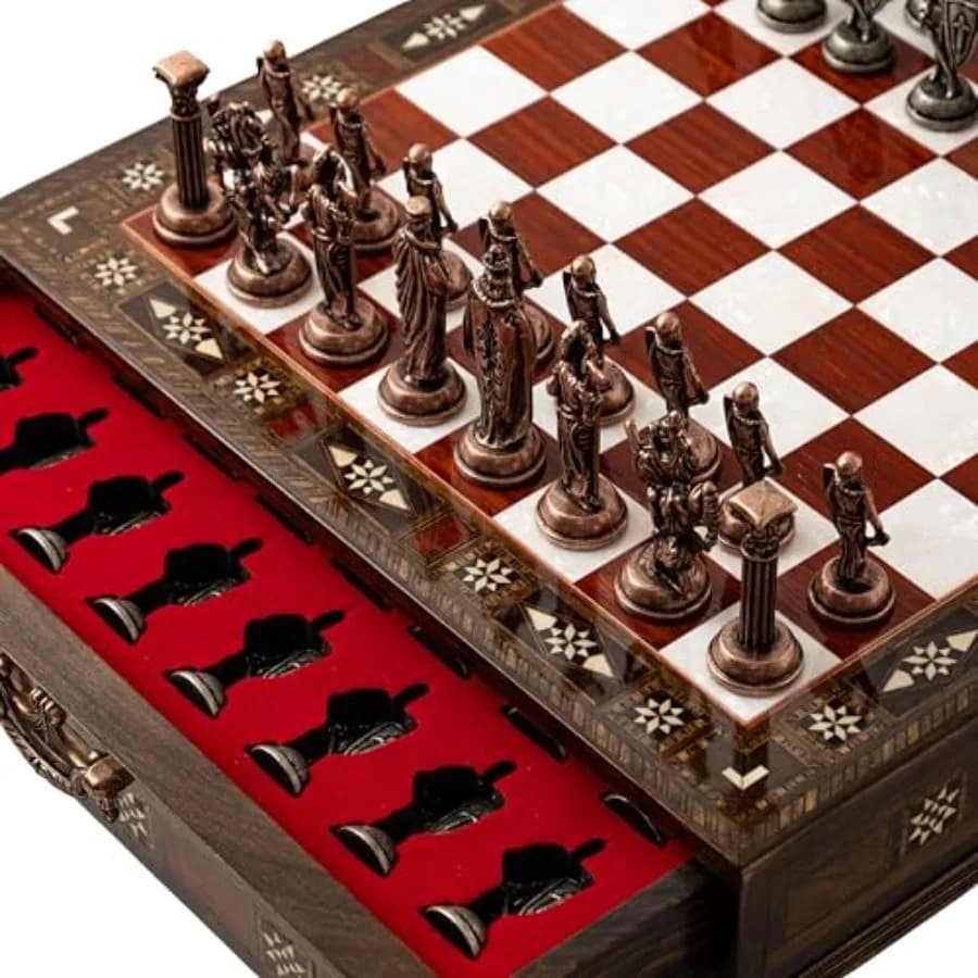 Set di Scacchi di Lusso in Legno con Pezzi in Metallo Stile Esercito Britannico, Scacchiera in Noce Fatta a Mano con Vano Portaoggetti, Regalo Decorativo per Adulti
