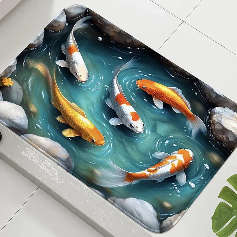 3D Koi Fish Pond Flannel Rug Printed Carpet Indoor Decorative Bathroom Floor Mat Anti Slip Soft Zen Design