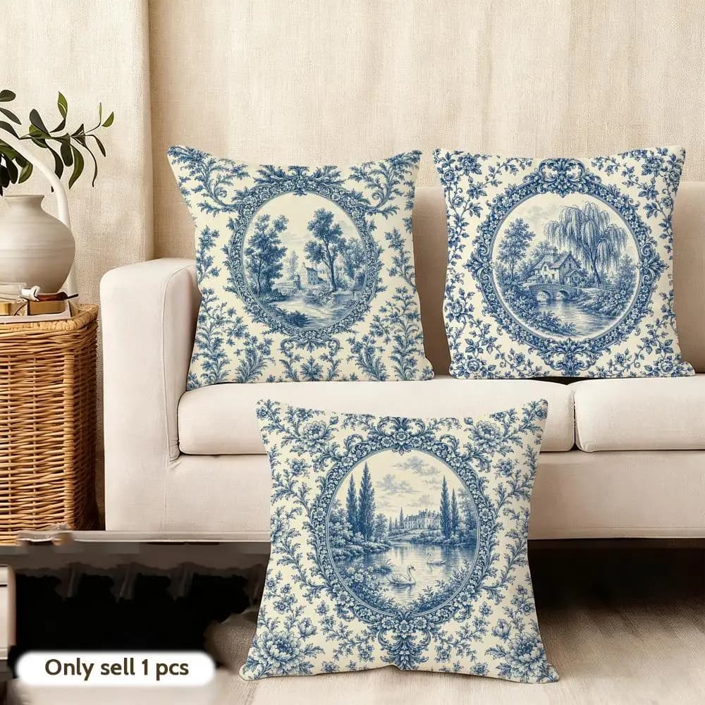 Blue And White Design Cushion Cover Soft Plush Double-Sided Printed Decorative Sofa Removable Washable Decor Gift
