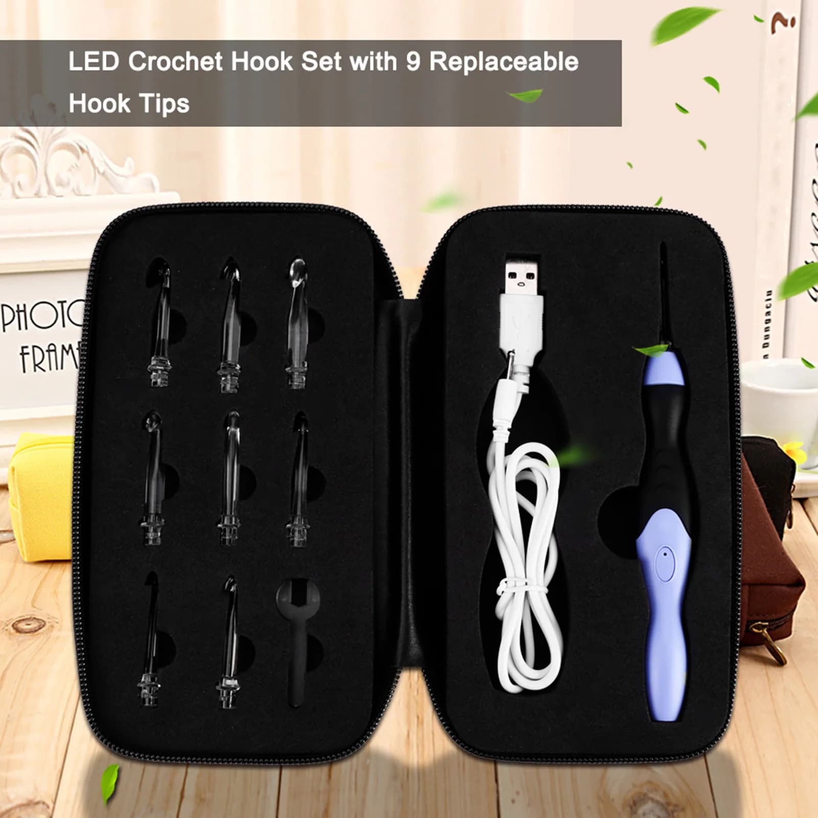 USB Charging LED Light‑Up Crochet Hook Set 2.5‑6.5mm Replaceable Needles for Hand Knitting Crocheting Craft Supplies