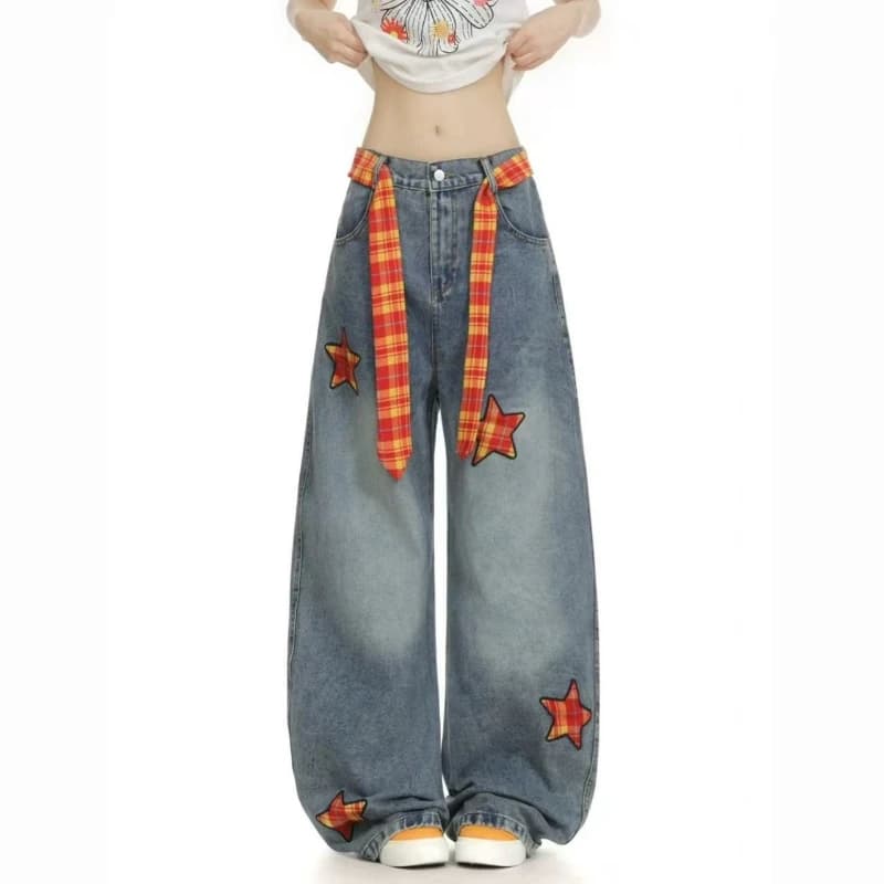 Nuovi Jeans Morbidi Lavati con Motivo a Stelle Appese, Pantaloni Alla Moda per Donna, Primavera 2026