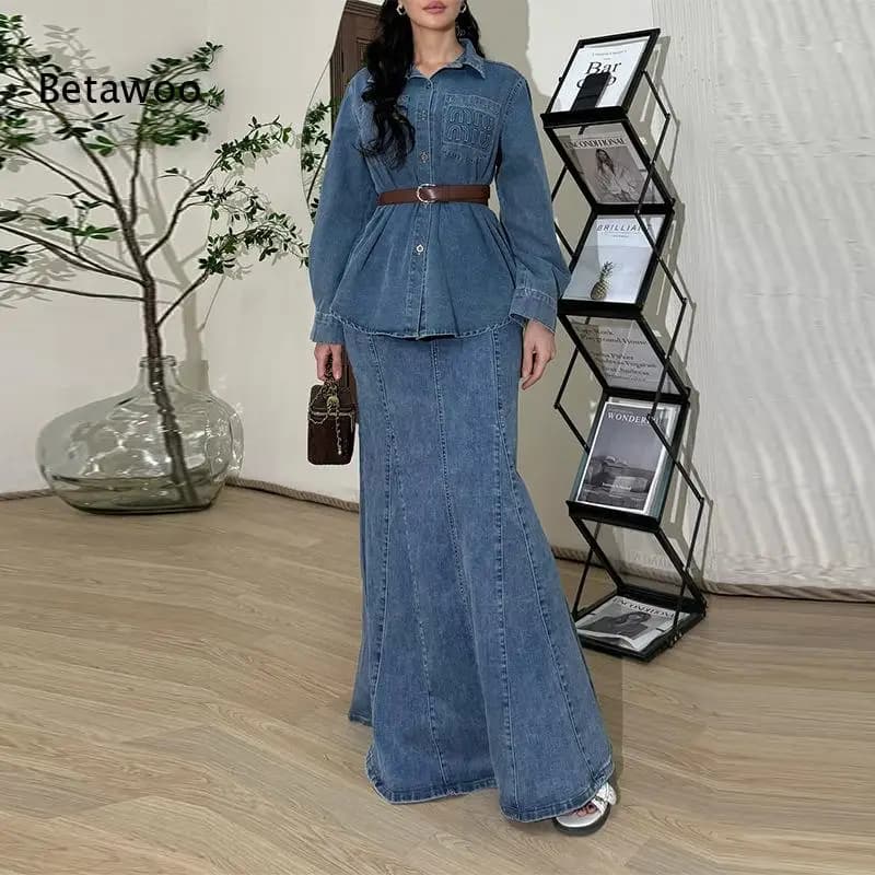 Denim Two Piece Set Belted Waist Cinched Shirt Top Flared Maxi Skirt Elegant Casual Denim Outfit for Women
