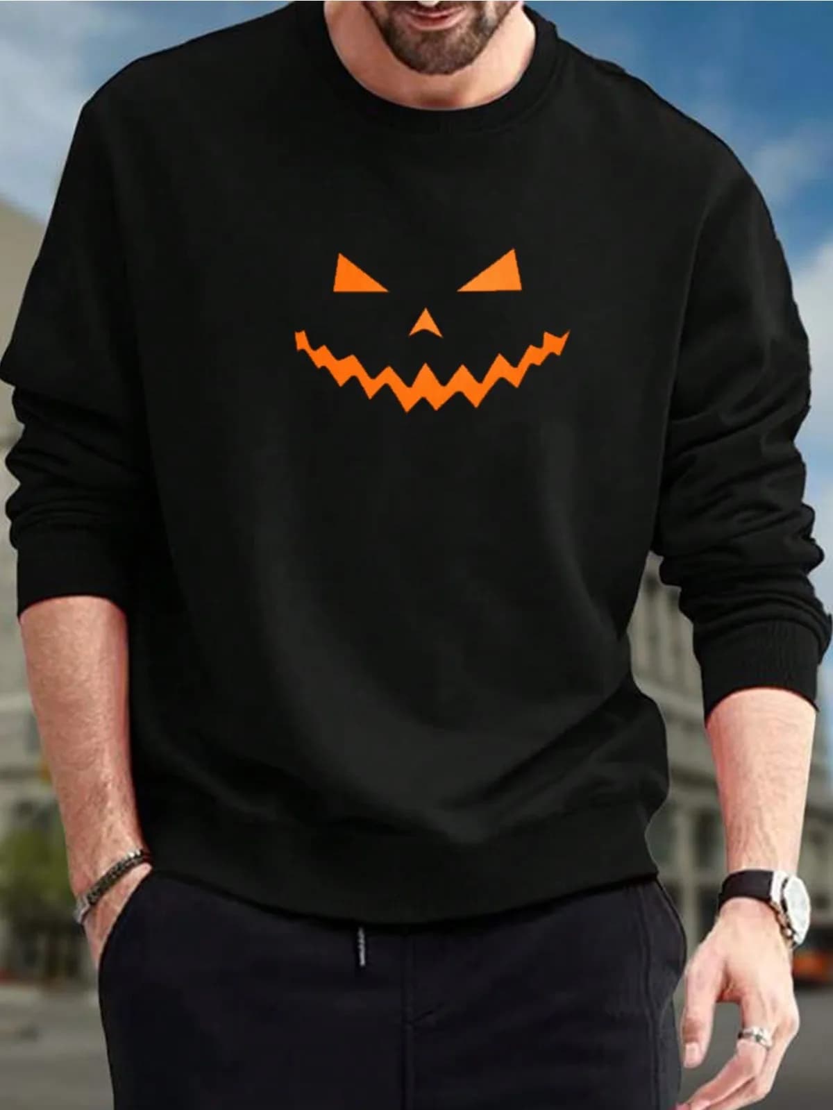 Felpa da uomo con collo rotondo a maniche lunghe con stampa carina per Halloween, pullover con cappuccio modello moda casual adatto per regali di festa