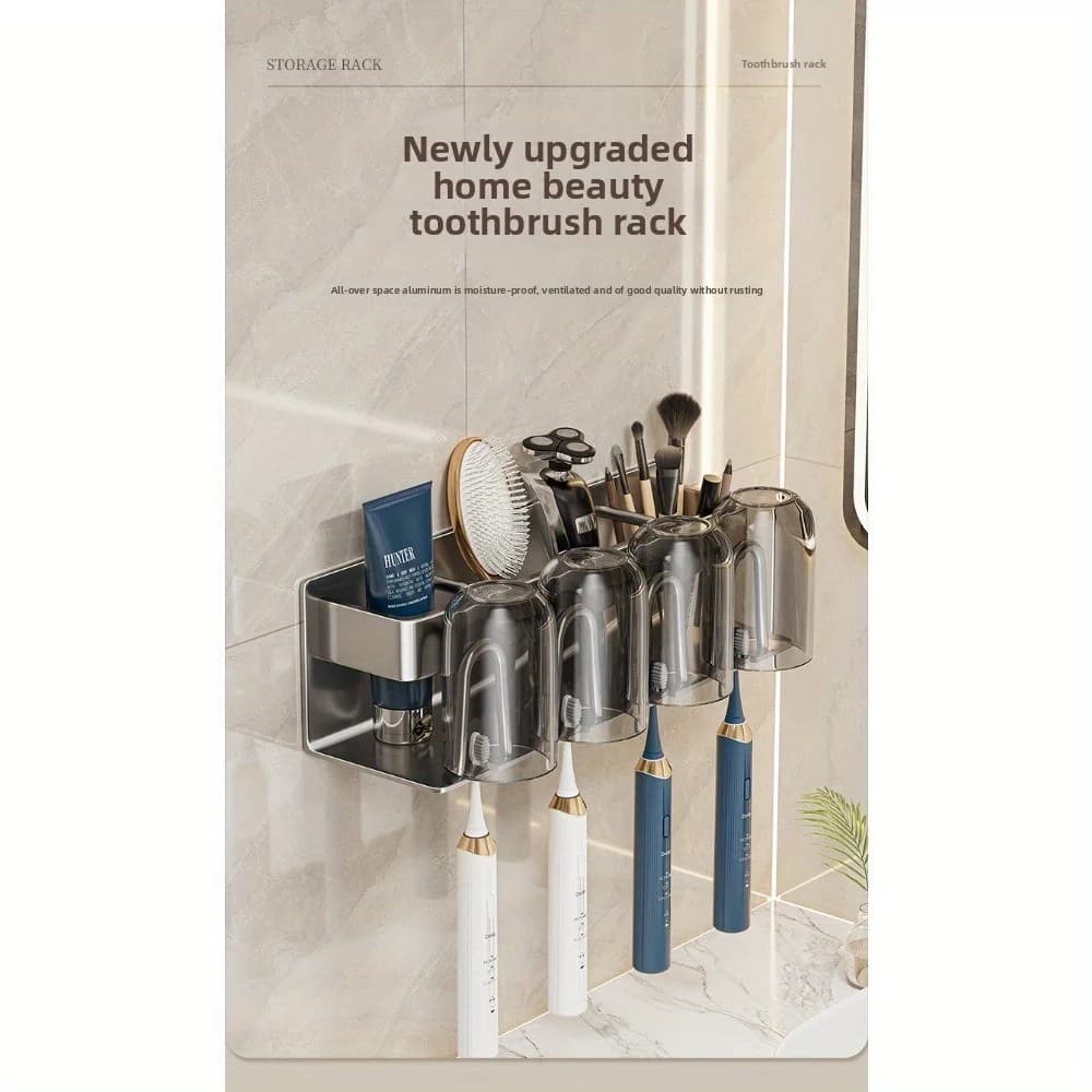 Porta spazzolino senza punzonatura, porta dentifricio a parete per bagno in alluminio spaziale, portabicchieri per collutorio, porta spazzolino