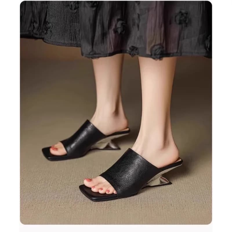 Luxe Square Toe Slide Sandals Premium Leather One Strap Mules Chunky Sole Backless Loafers Dressy Casual Summer Shoes