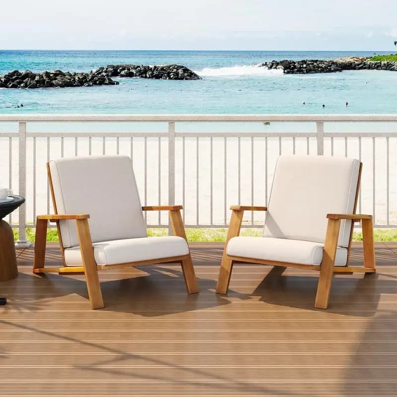 Set di 2 sedie da club da esterno con cuscini beige e struttura in legno di acacia e teak per patio lounge