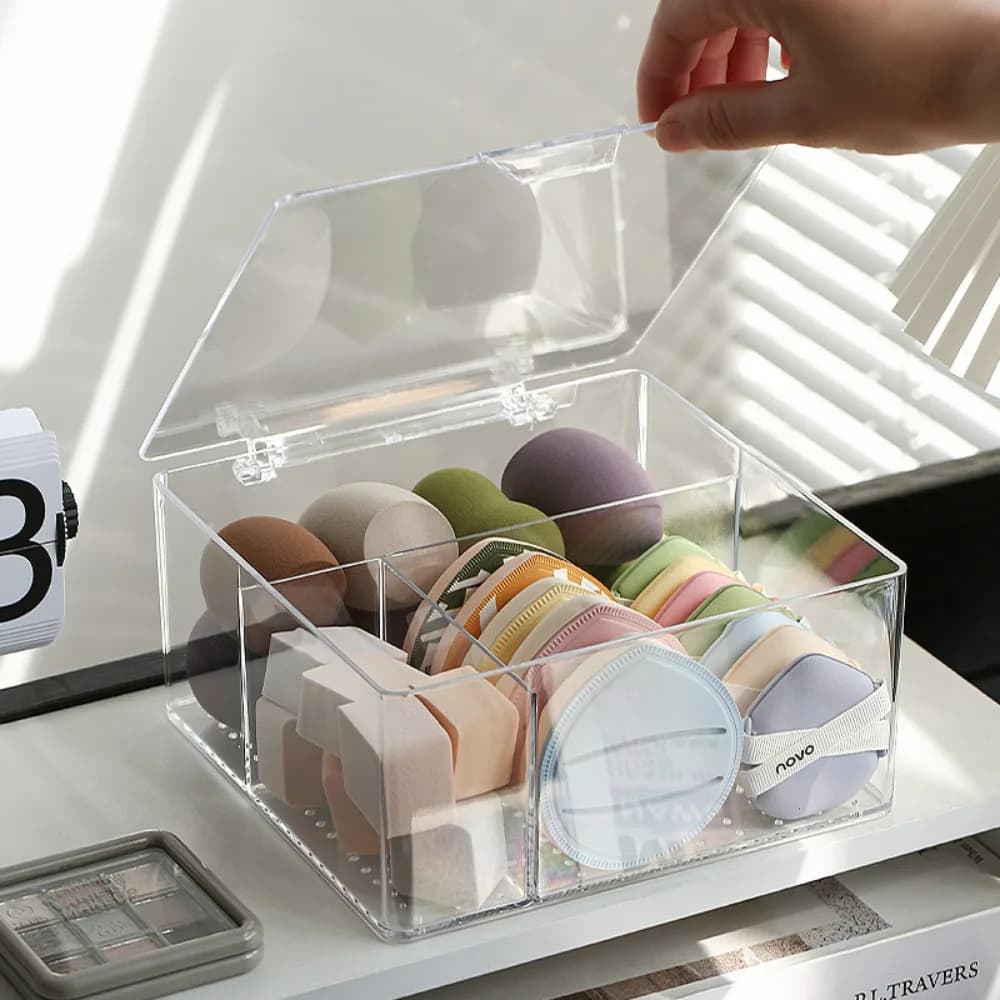 Scatola portaoggetti trasparente in cotone per piumini da trucco, spugne e accessori per la rimozione del trucco, con coperchio.