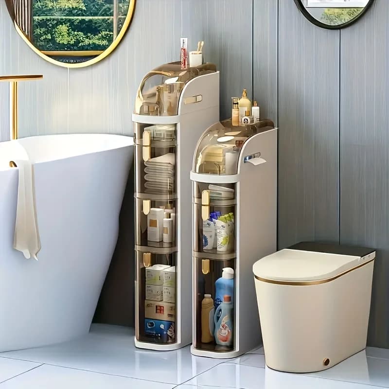 Narrow Plastic 3 4 Tier Bathroom Floor Cabinet with Drawers Toilet Paper Holder Adjustable Shelves Easy Assembly