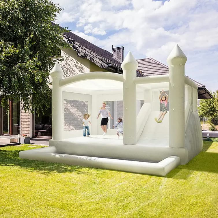 inflatable white PVC inflatable house with hair dryer, slide, ball pool, capacity 500-1000 kg, can accommodate 5-10 people,