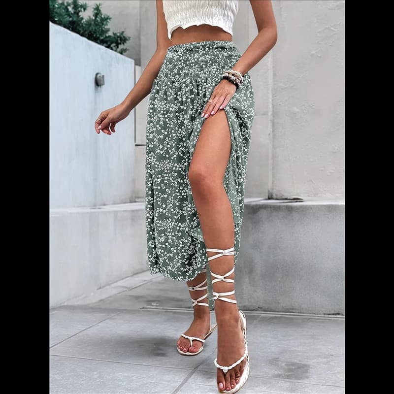 ABRT-Women's Print Long Skirts High Waist Split A Line Full Length Maxi Skirt