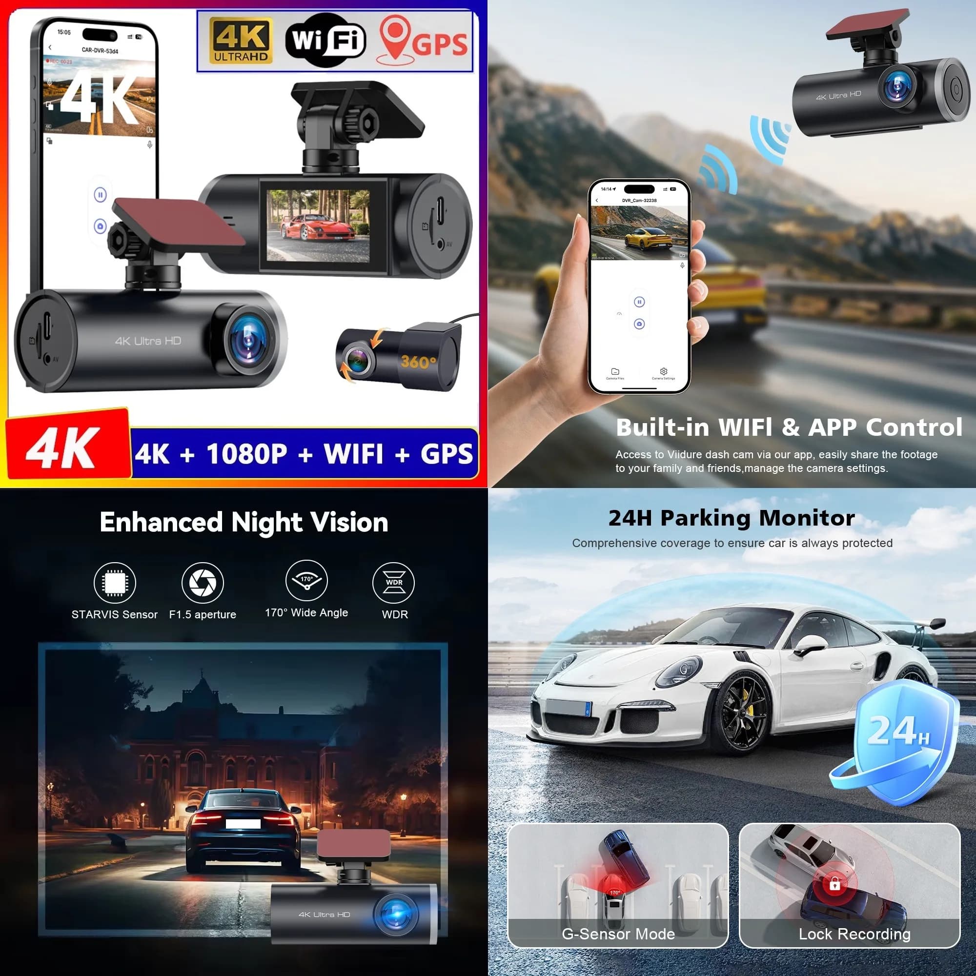 4K Dash Cam Front and Rear Dual Lens WiFi GPS Car Recorder Night Vision Wide Angle
