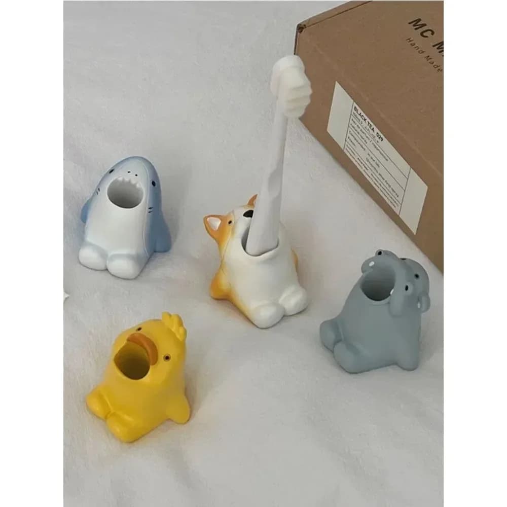Porta spazzolino per animali dei cartoni animati Simpatico squalo Corgi Stand portaoggetti Pennello per trucco Cancelleria Organizzatore da appoggio Decorazione del bagno