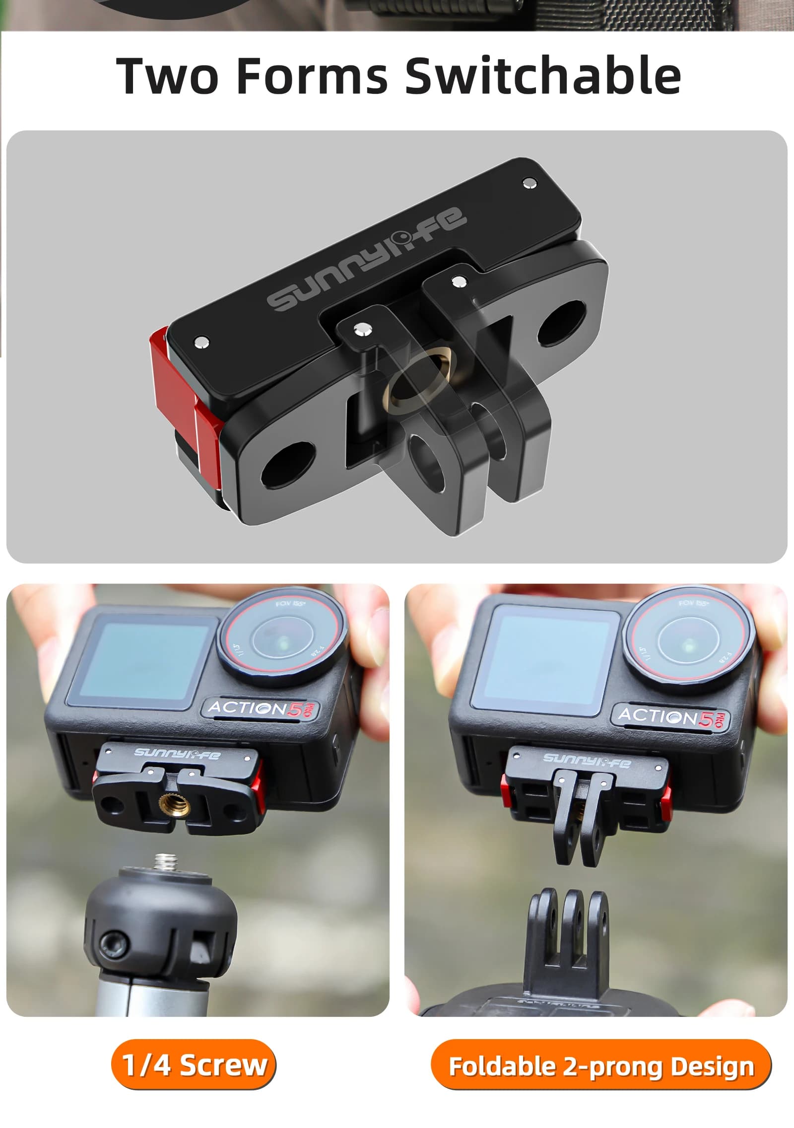 Sunnylife Aluminum Alloy Quick Release Two Claw Adapter For DJI Osmo 360/Action 5 Pro/4/3/2 Magnetic Sport Camera Adapter
