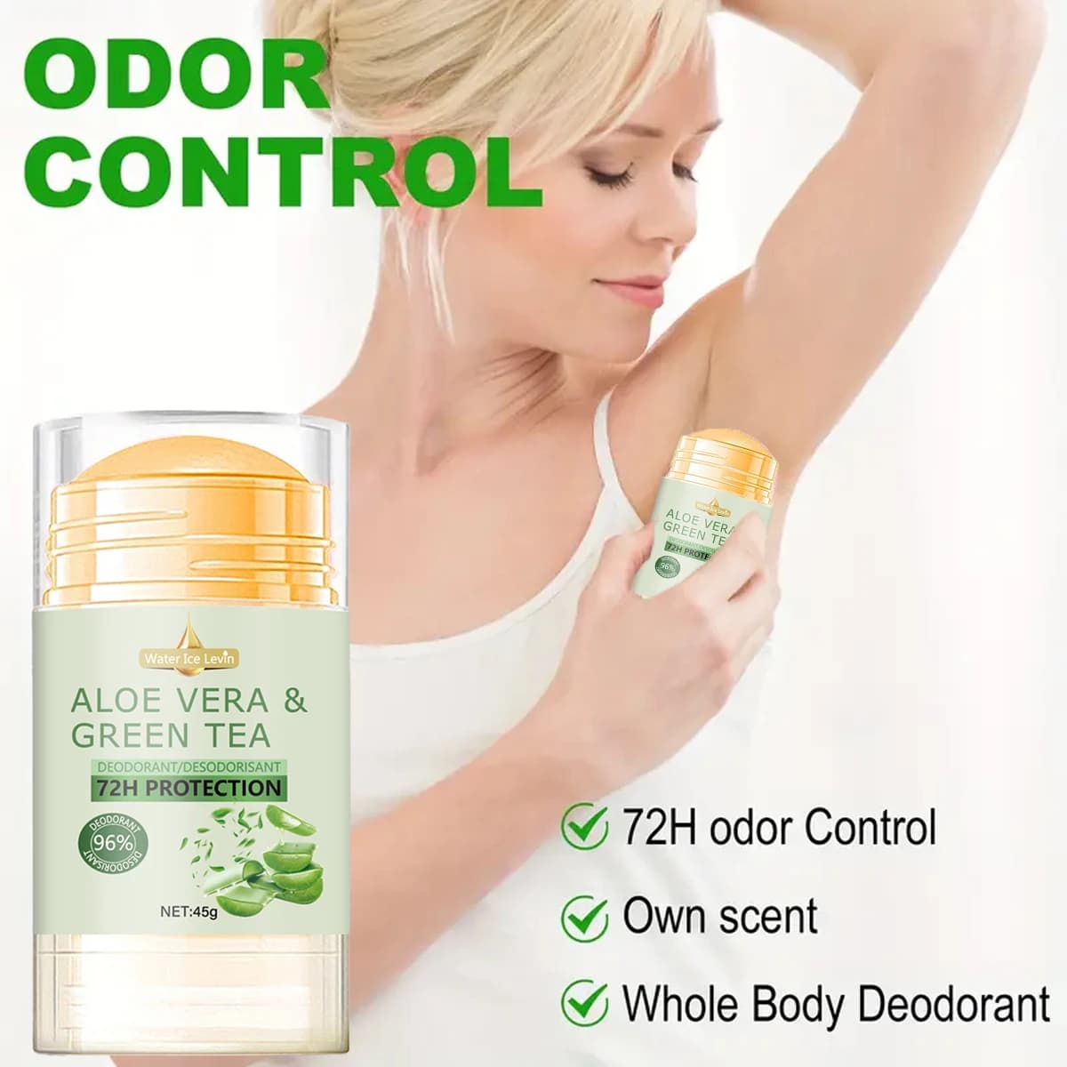 Deodorante Water Ice Levin con Aloe Vera e Tè Verde Protezione 72H e Efficità del 96% per un'assistenza delicata ma potente. 45 g.