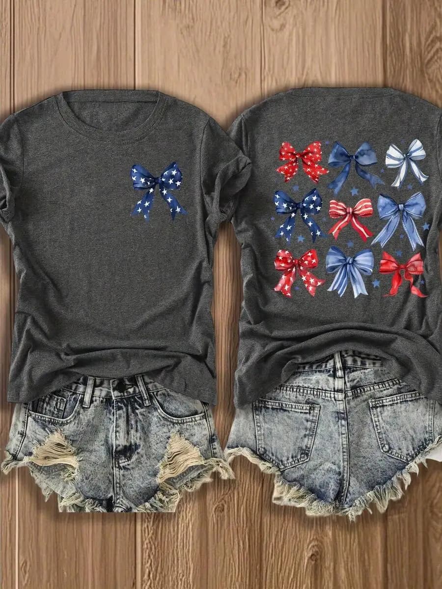 Patriotic Bow Print Cotton Blend T-Shirt Double-Sided Design Red White Blue For 4th Of July Summer Casual Wear