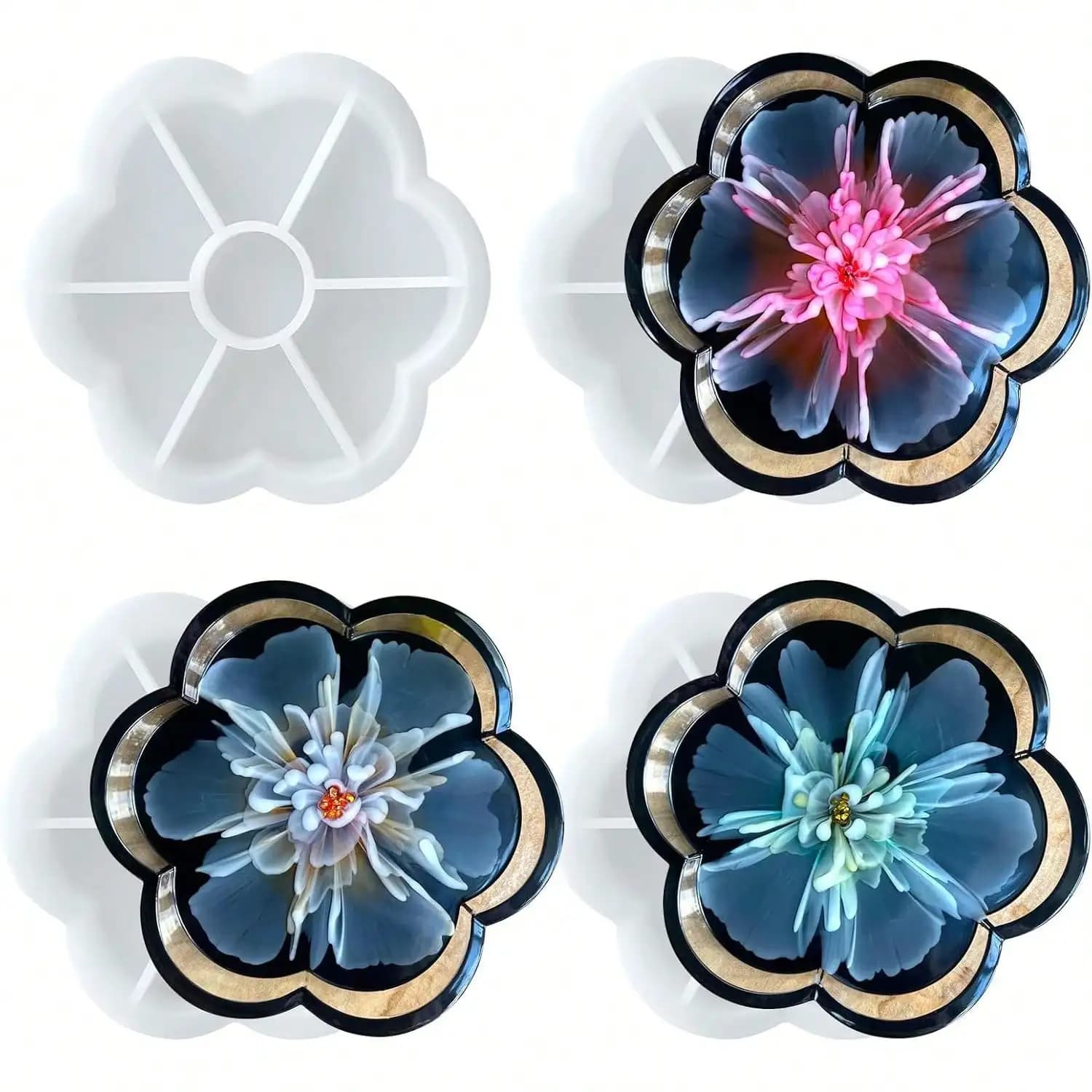 Set di 4 Stampi in Silicone per Vassoi in Resina a Forma di Fiore, Stampi Durevoli per Sottobicchieri in Resina Epossidica, per Creare Gioielli, Portaoggetti, Portacandele, Regali per le Feste