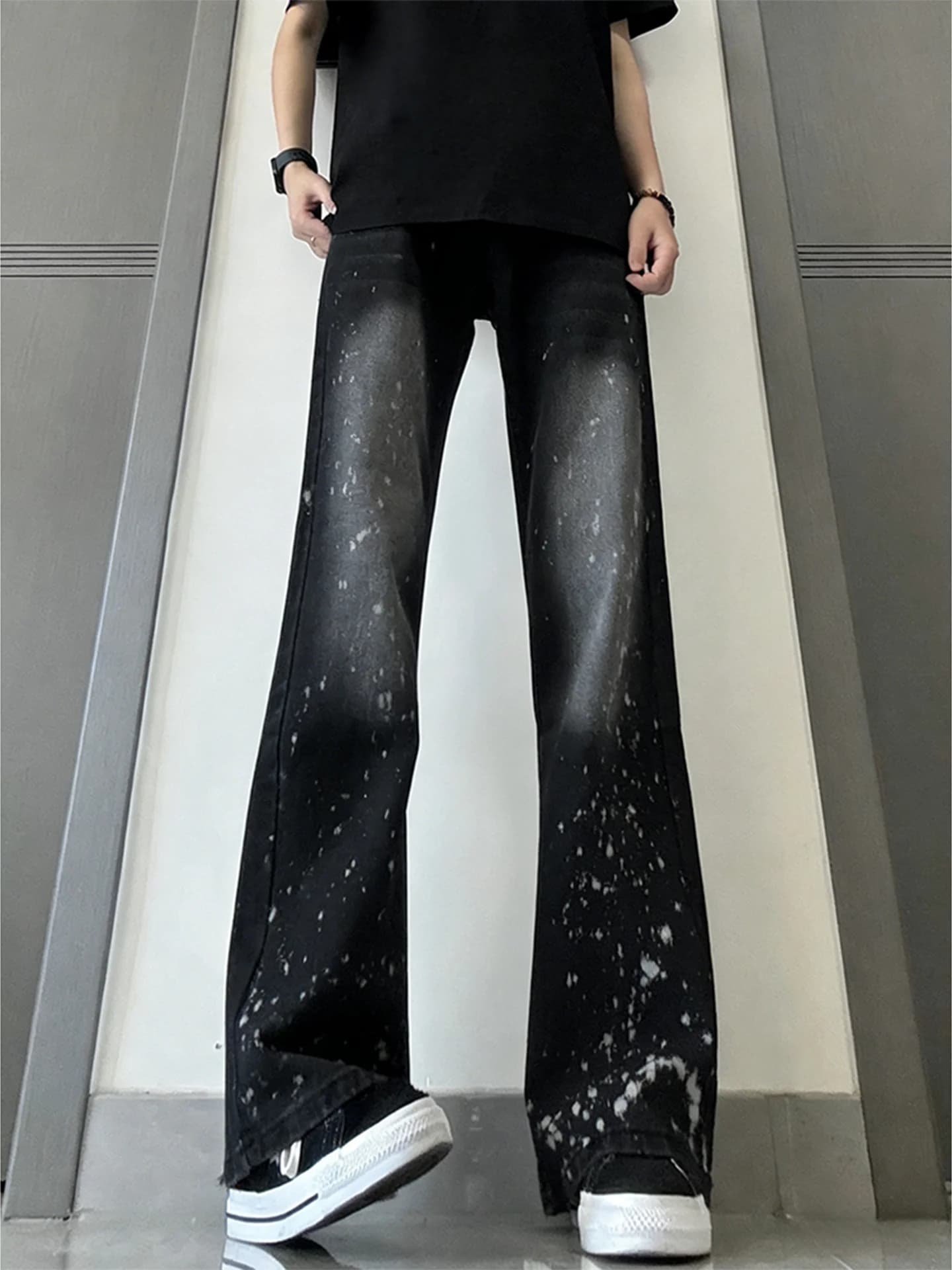Gradient Spray Ink Black Straight Leg Jeans Men's American High Street Vibe Wind Micro Flared Knife Trousers