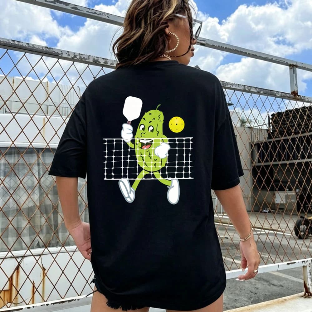 Summer Ladies Casual Cotton T-Shirt Short Sleeve Crewneck Cartoon Pickle Tennis Racket Net Pickleball Character Retro Casual Tee